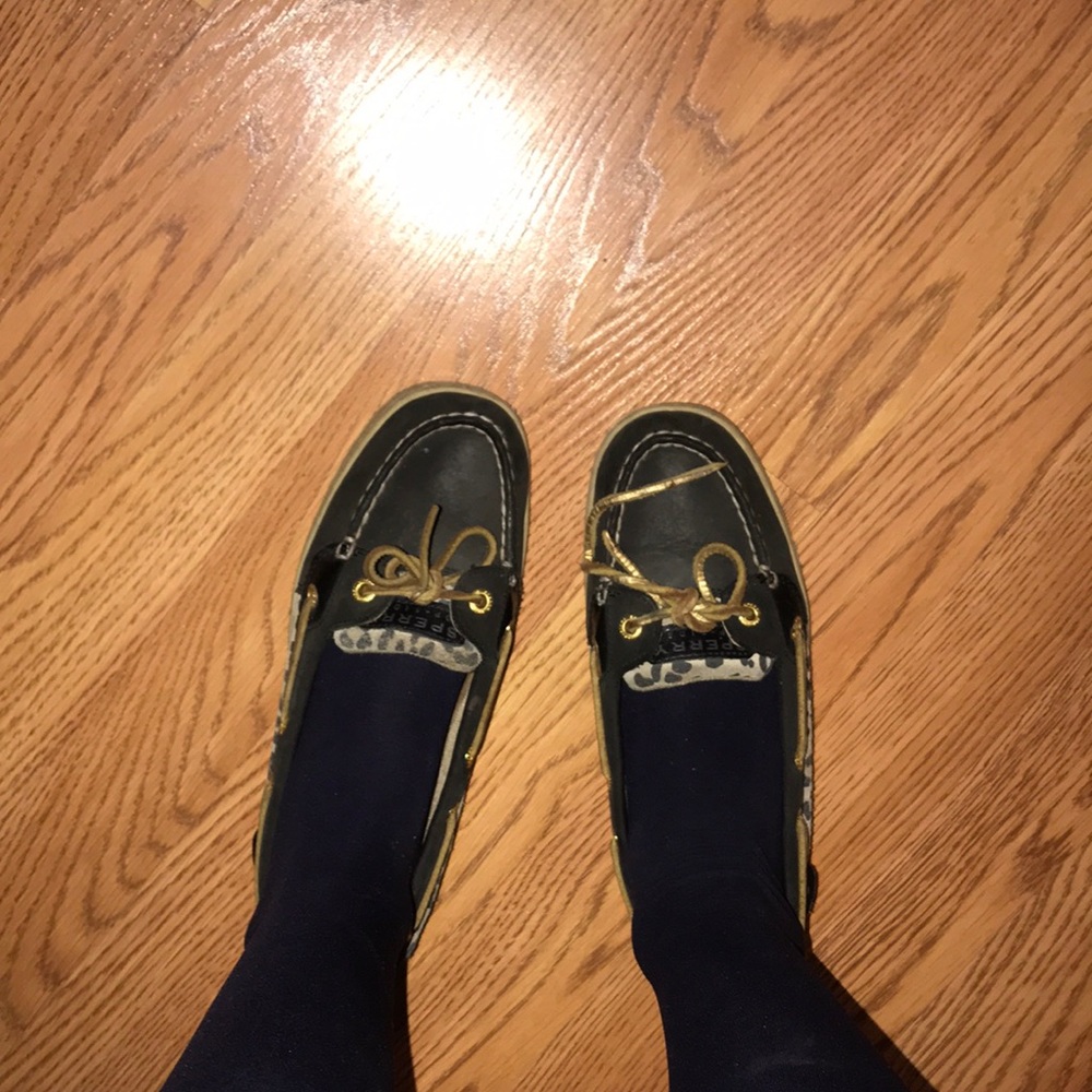 Navy blue and cheetah print boat shoes